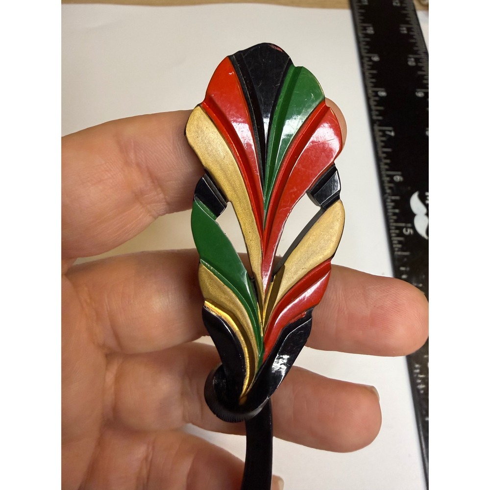 Art Deco Carved Hair Pin Stick Multi Color Leaf Red Green Gold Black 6.25 Inch